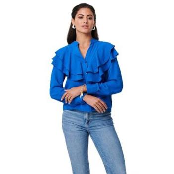 Izabel London Women's Blue Ruffle Detail V-Neck Long Sleeve Top