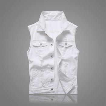 Men's White Hip Hop Denim Waistcoat, Sleeveless, Plus Size 5XL