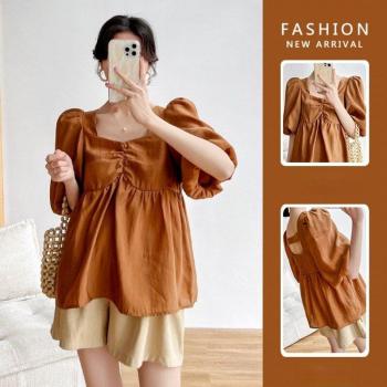 Sweet Puff Sleeve Maternity Top and Wide Leg Shorts Set
