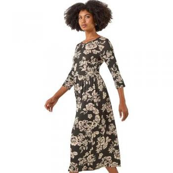 Robe Midi Noire à Fleurs Roman Taille 44 EU (16 UK)