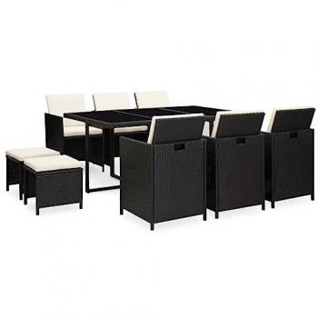 VidaXL 11 Piece Outdoor Dining Set with Cushions Poly Rattan Black
