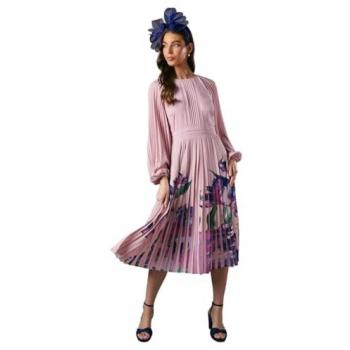 Pink Pleated Dress with Placement Print – Coast Collection, Size 10