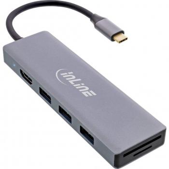 InLine USB-C Multihub 4 Port HDMI/CR mit USB-A Anschlüssen, Cardreader, HDMI 4K@30Hz und PD 100W in robustem Metallgehäuse
