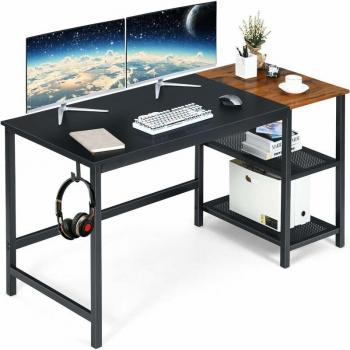 Bureau informatique noir Costway épissage, 2 étagères de rangement, crochet casque