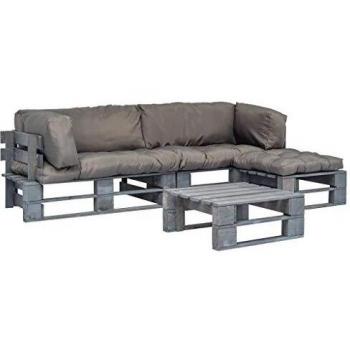 Set di mobili da giardino in legno 4 pezzi con cuscini grigi