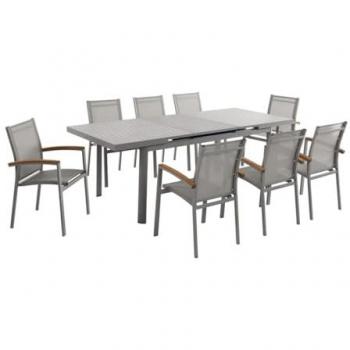 Cuisine d'extérieur en aluminium – Table extensible 180/240 cm + 8 sièges empilables taupe avec accoudoirs acacia (NAURU MYLIA)