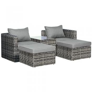 Outsunny Mixed Grey 5-Piece Rattan Garden Furniture Set with Single Sofa, Stool, and Glass-Top Table