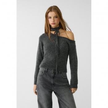 Midnight Grey Asymmetric Knit Top with Tether – Size XS