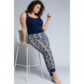 Pantaloni pigiama donna cotone biologico blu fantasia, taglia 48/50