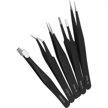 M6CF 10-Piece Stainless Steel Long Tweezers ESD Curved Pointed Tips