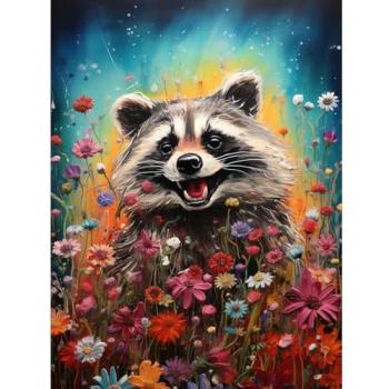 Springtime Raccoon Delight – Kids’ Home Wall Poster, Wildflower Theme