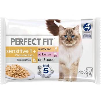 52x85g PERFECT FIT Sensitive 1+ Chats stérilisés poulet & saumon en sauce