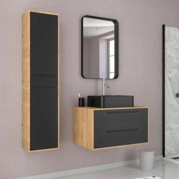 Pack Ensemble Meubles Salle de Bain Caisson 2 Tiroirs + Vasque Rectangulaire + Colonne + Miroir UBY 80 cm
