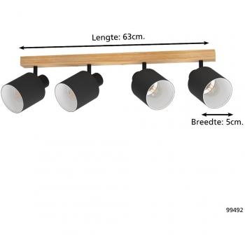Plafón Techo EGLO Batallas: 4 Luces E27, 63 cm, Negro/Madera