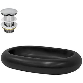 ML-Design Lavabo en Céramique Noir Mat, 650 x 450 x 110 mm, Ovale, avec Bouchon de Vidange 1 1/4' Universel Push Open, Vasque à Poser Évier Lave-Mains pour Salle de Bain, Design Minimaliste