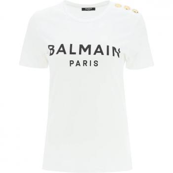 Balmain White Logo-Print Button-Embellished T-Shirt for Women