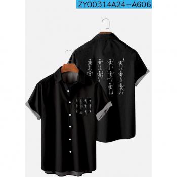 Top de hombre de manga corta con estampado 3D de esqueleto, talla grande, con solapa y bolsillos, 2022