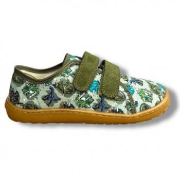 FRODDO® BAREFOOT CANVAS Kinderbarfußschuh 31 – Oliv-Dinosaurier Muster, Baumwolle & Veloursleder