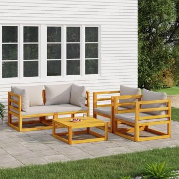 Set Salotto Giardino 5pz Legno Massello con Cuscini Grigio Chiaro