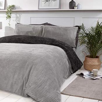 Sleepdown Ribbed Sparkle Glitter Fleece Grey Soft Bedding Set With Pillowcases