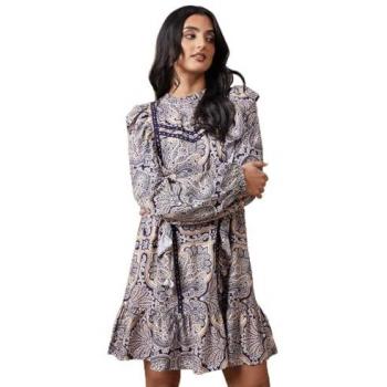 Mini Dress with Paisley Print and Ruffled Lace Trim – Navy (Size 8)