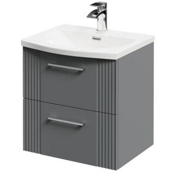Avant 500mm Satin Grey Wall Mounting Bathroom Vanity Unit with Curved Basin, One Tap Hole, Two Drawers, Polished Chrome Handles, MDF Construction