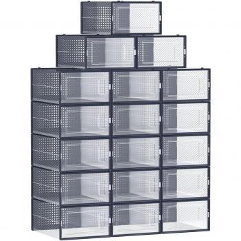 SONGMICS Boîtes à Chaussures Pliables Transparent + Bleu Carbone – LSP18SB30 – Lot de 18