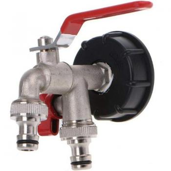 Aiperq IBC S60x6 Valve à double sortie – diamètre ½, entrée 60 mm, raccord rapide pour réservoirs, jardin, maison et usage industriel