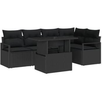 Set divano da giardino 6 pezzi, cuscini in rattan, spazio per oggetti, nero