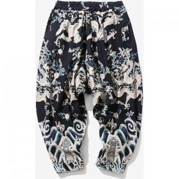 Pantalon jogging homme en lin, imprimé dragon 3D, jambes larges, M-3XL
