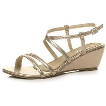 Ajvani Gold Mid‑Heel Glitter Mesh Wedge Sandals with Crossed Straps