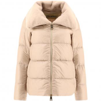 Herno Women's Ultralight Faux Fur Bomber Jacket in Beige | Size 44