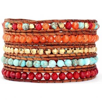 Vintage 5-Strand Leather Bracelet with Mixed Stones