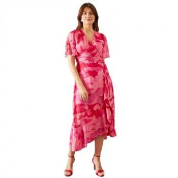 Abstract Patterned Ruffle Midi Dress in Pink – Female Fashion