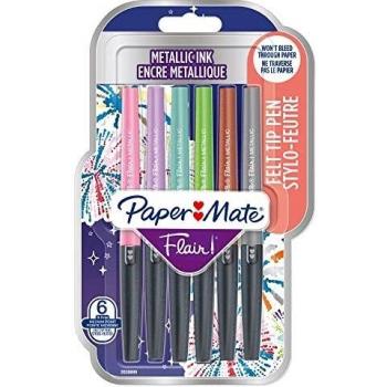 Paper Mate Metallic Felt Tip Pen Medium 0.7mm Tip Assorted Colours (Pack 6)