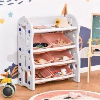 Estantería Infantil de Almacenaje HOMCOM con 6 Cajas y Estante Coral y Blanco 76x36x92 cm