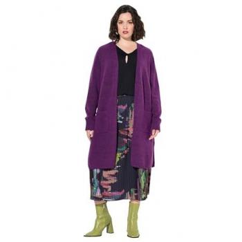 Damen Long-Strickjacke in Übergrößen, lila, V-Ausschnitt, Größe 50/52