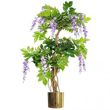 110cm Faux Purple Wisteria Tree with Gold Metal Planter