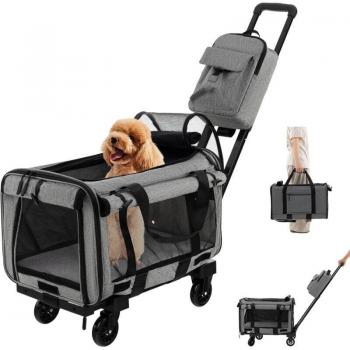 Sac de voyage pliable à roulettes pour chiens et chats – trolley, poignée télescopique, coussin removable, gris