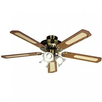 Ventilateur de plafond réversible Farelek Baleares Ø 132 cm, 5 pales noyer / cannées + éclairage 3 tulipes 60 W E27