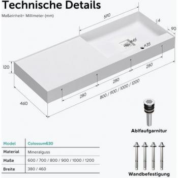 Desagüe colossum630: Lavabo suspendido en mármol fundido blanco mate 60x38x12 cm