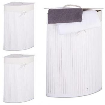 3x Bamboo Laundry Baskets for Corners, Foldable, 60L, Cotton Bag, HxWxD: 65 x 49.5 x 37 cm, White