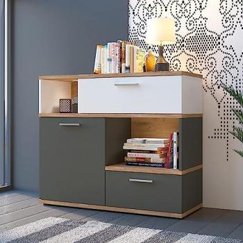 Eiche Nb. Sideboard mit Beleuchtung in weiß und grau TOMAR-129, B/H/T ca. 100/86/40 cm