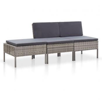 3-Piece Grey Poly Rattan Outdoor Lounge Set with Cushions