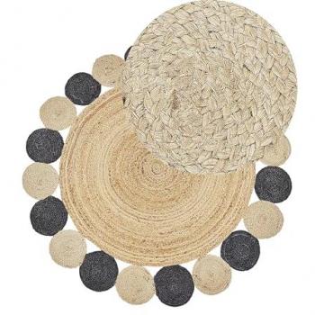 Tapis Rond Tressé en Jute Noir et Naturel 140 cm