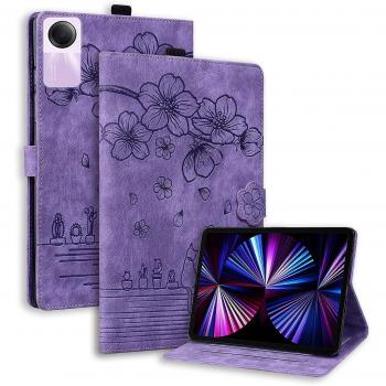 Cubierta de Cuero para Xiaomi Redmi Pad SE con Estampado de Gato en Púrpura