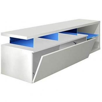 Meuble TV blanc brillant avec rangement LED, 1 porte, 4 niches