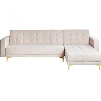 L‑Shaped Aberdeen Sofa Bed with Gold Tufted Legs – Beige