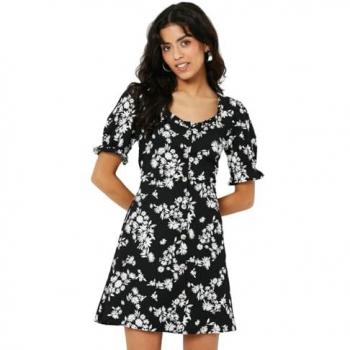 Womens Petite Mono Ditsy Tie Front Sweetheart Mini Dress