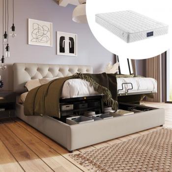 Lit coffre 140x200 cm avec tête de lit réglable, gris clair, matelas inclus